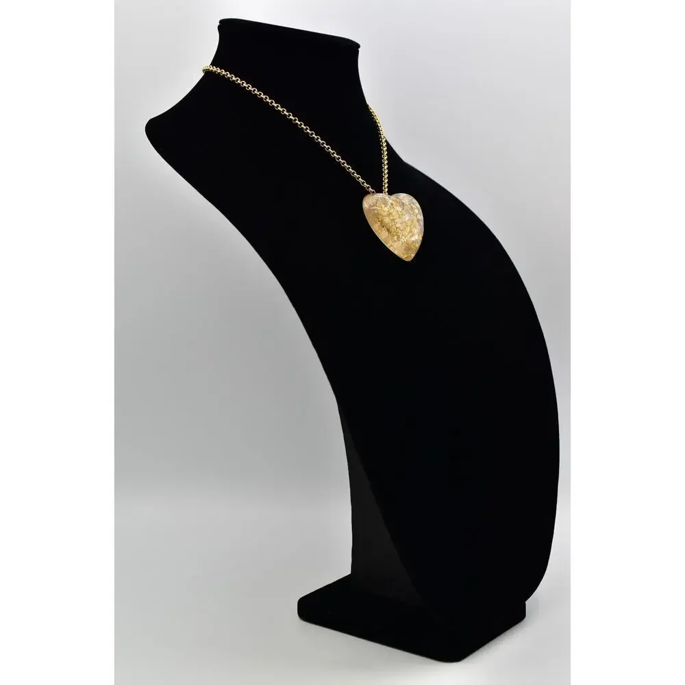 Vintage Heart Pendant Necklace Gold Foil Lucite Resin Designer Signed BinBJ
